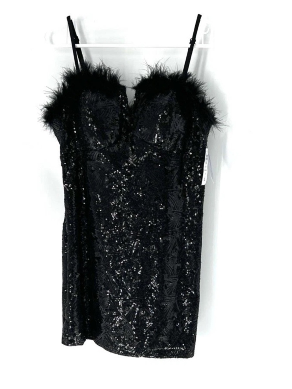 Morgan & Co NWT junior women’s mini dress size 13 Black Faux Feathers Sleeveless